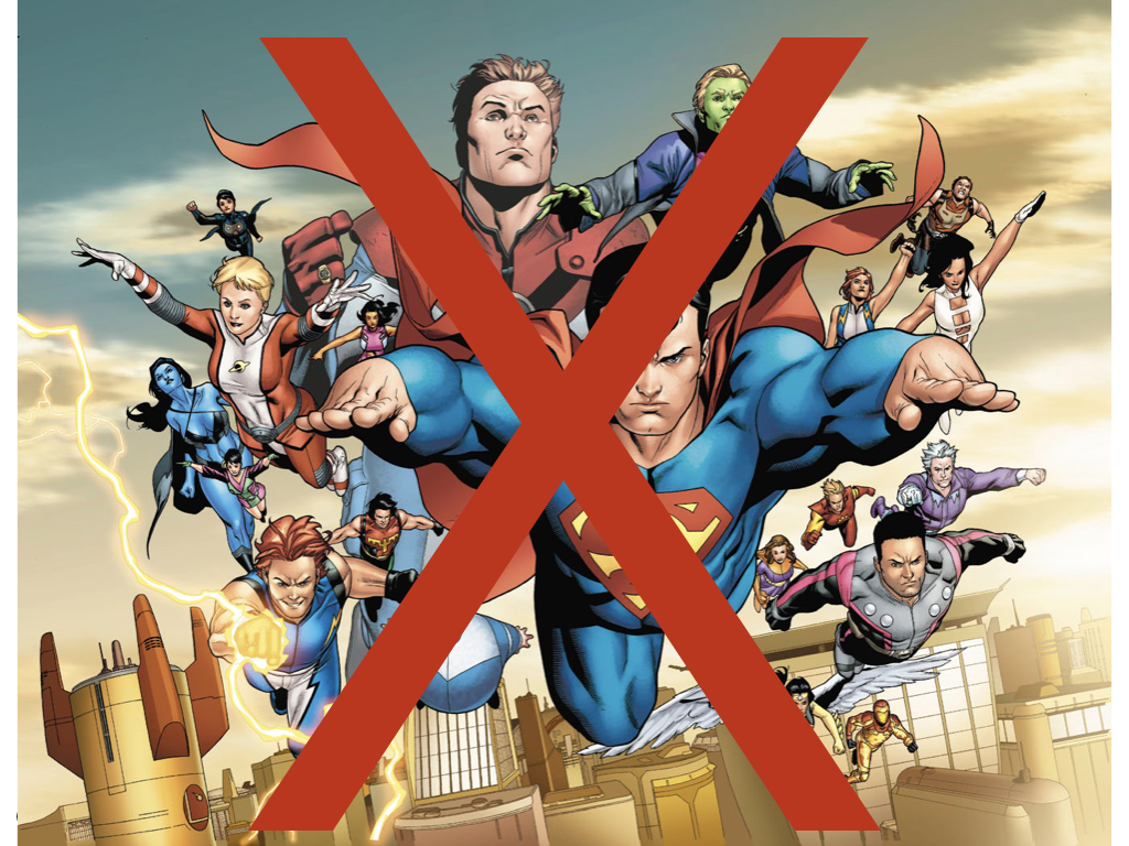 Superheroes flying with a big red cross over them