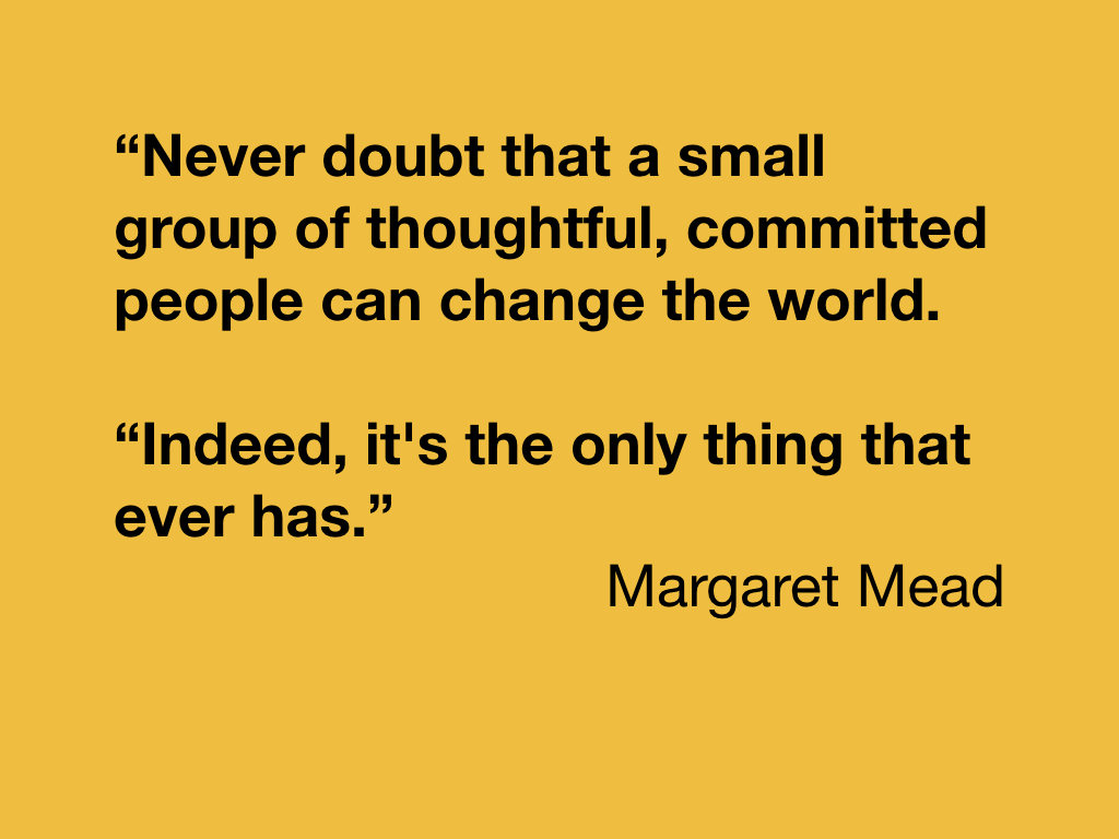 “Never doubt that a small group of thoughtful, committed people can change the world.
“Indeed, it's the only thing that ever has.” - Margaret Mead